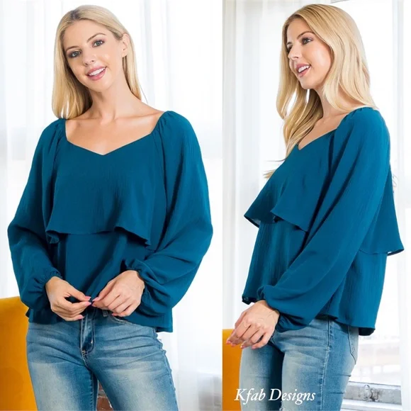 ❤️LAST 1! TEAL SWEATHEART NECKLINE TIERED RUFFLE PUFF SLEEVE TOP! - Picture 3 of 8